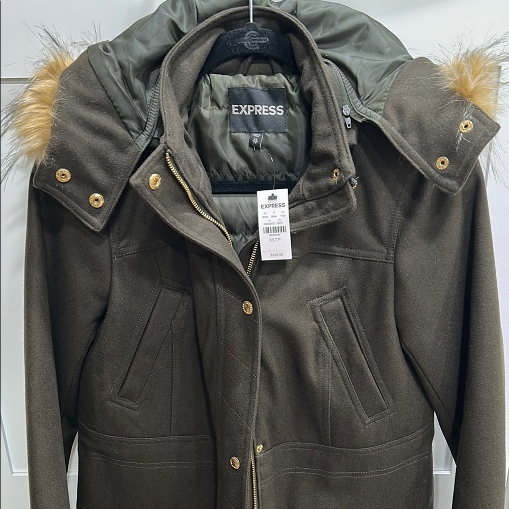 Express Green Utility Jacket with Faux Fur Trim